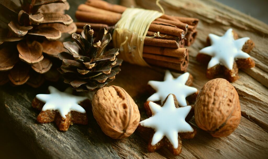 cookies, walnuts, cinnamon sticks